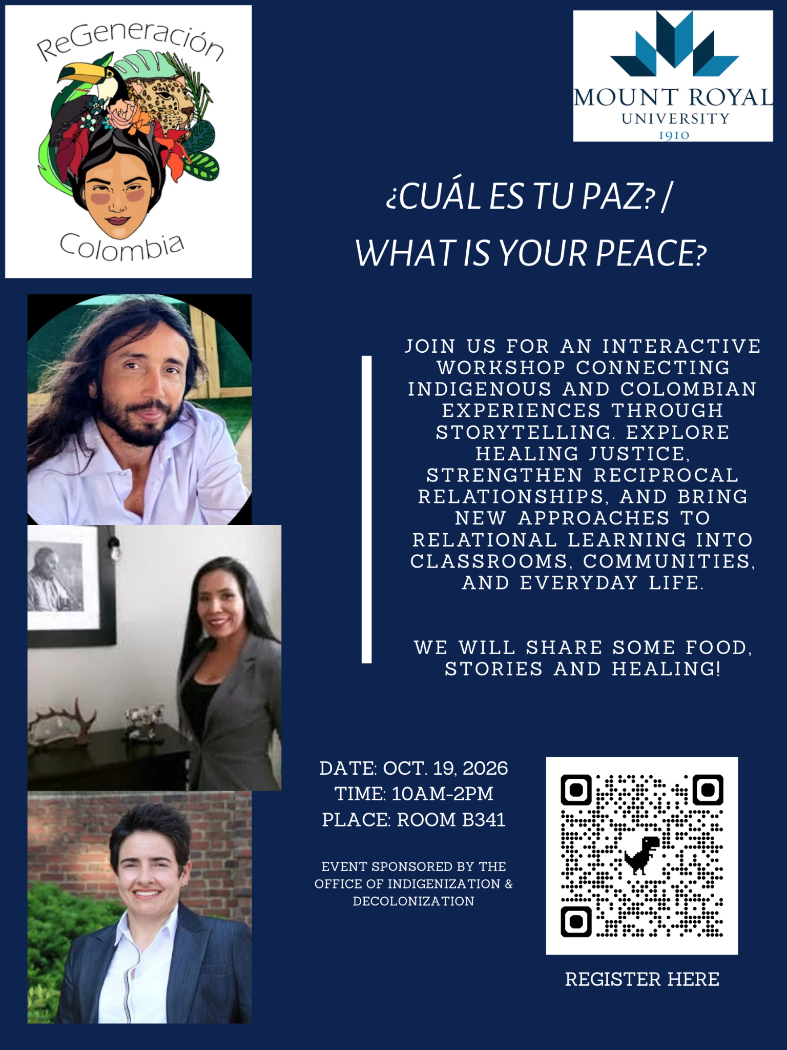 Poster for ¿Cuál es tu paz? / What Is Your Peace?, an interactive workshop at Mount Royal University on October 19, 2026